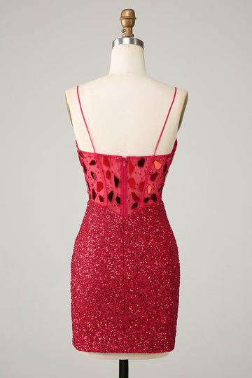 Corsé rojo brillante Espejo de lentejuelas Vestido ajustado de bienvenida